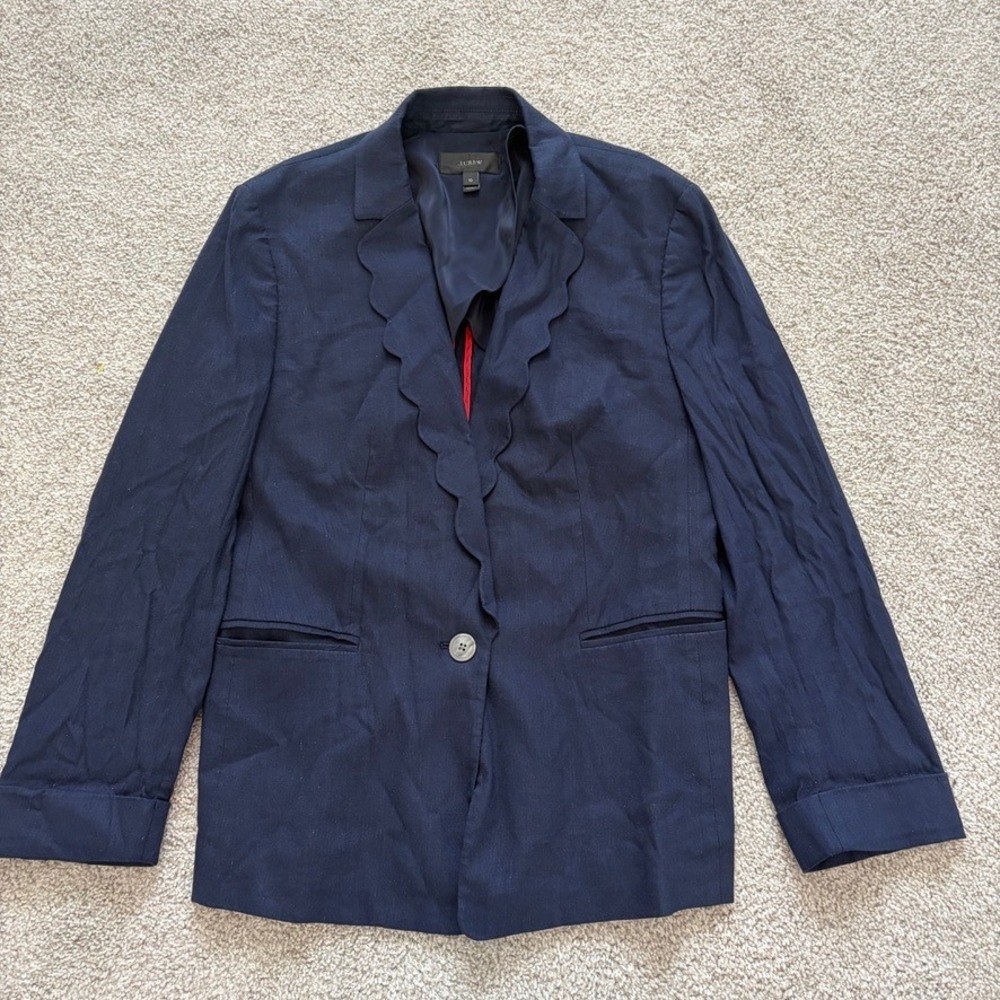 J.Crew Linen Blend Blazer Womens 10 Navy Blue Scalloped Lapel Capsule Office